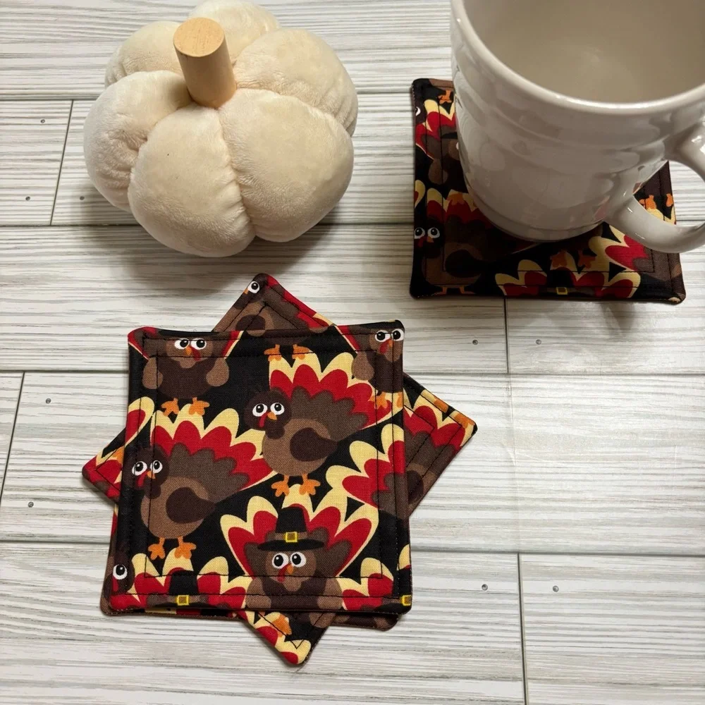 Handmade Turkey Print Reusable Washable Fabric Coaster Set